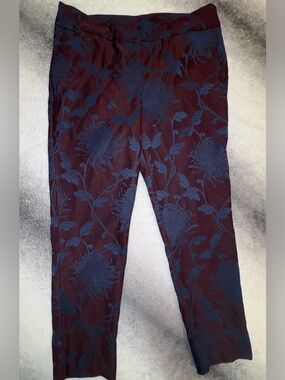 (B2) Attyre New York Floral Jacquard Ankle Pants 10 Maroon & Blue Slim Stretch